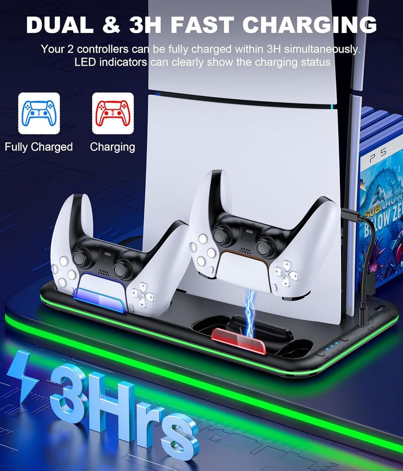 KICKDOT PS5/PS5 Slim Stand and Cooling Station with Controller Charging Station for Playsation 5, PS5 Accessories Kit Incl. 3 Levels Cooling Fan, LED, 15 Game Slot, Headset Holder for PS5 Digital/Disc Console - Image 4